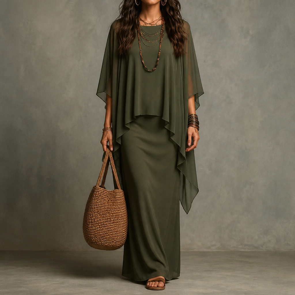 Draped Cape Sleeve Asymmetrical Hem Maxi Dress