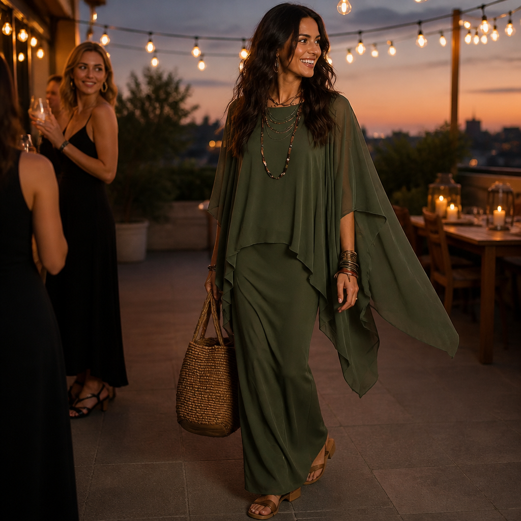 Draped Cape Sleeve Asymmetrical Hem Maxi Dress