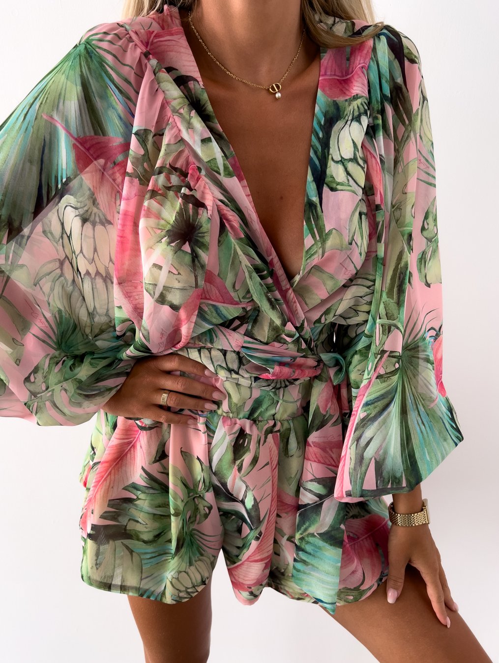 Image of Elaine | Women's Tropical Print Wrap Top Two-Piece Set