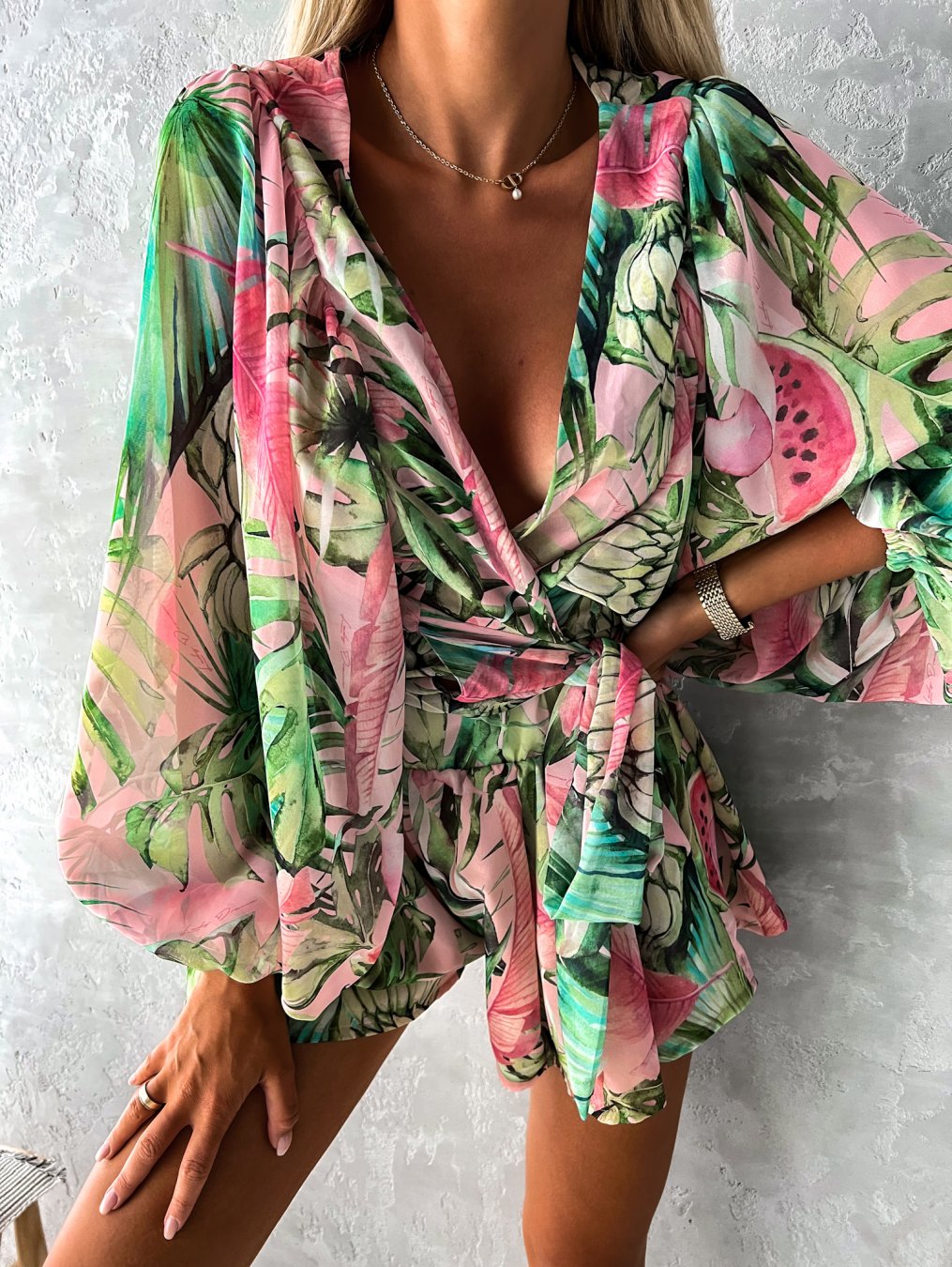 Image of Elaine | Women's Tropical Print Wrap Top Two-Piece Set