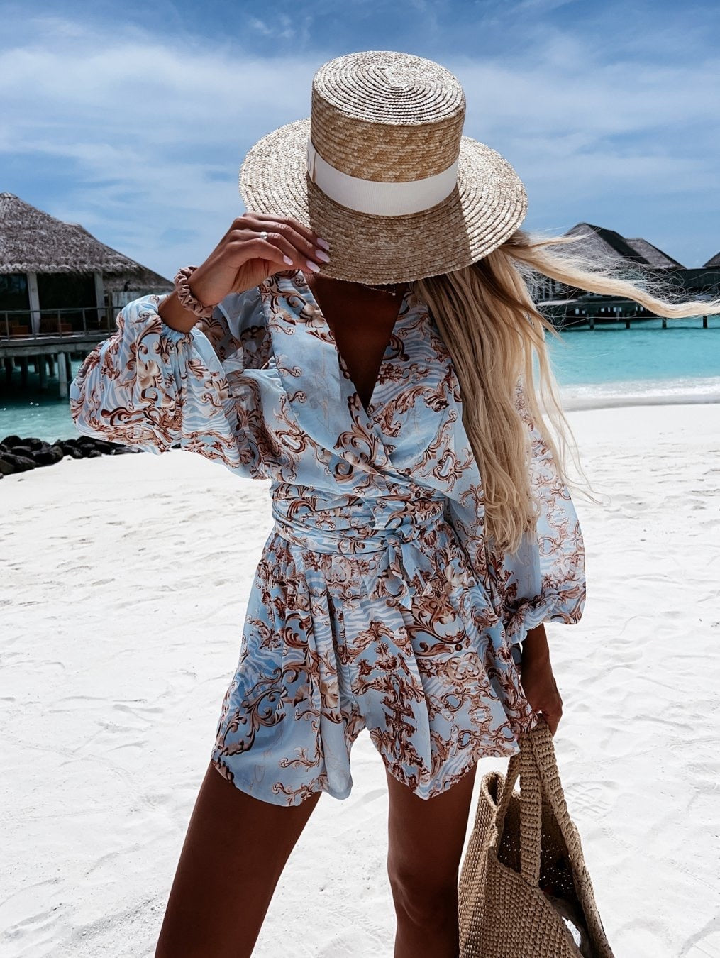 Image of Elaine | Women's Tropical Print Wrap Top Two-Piece Set