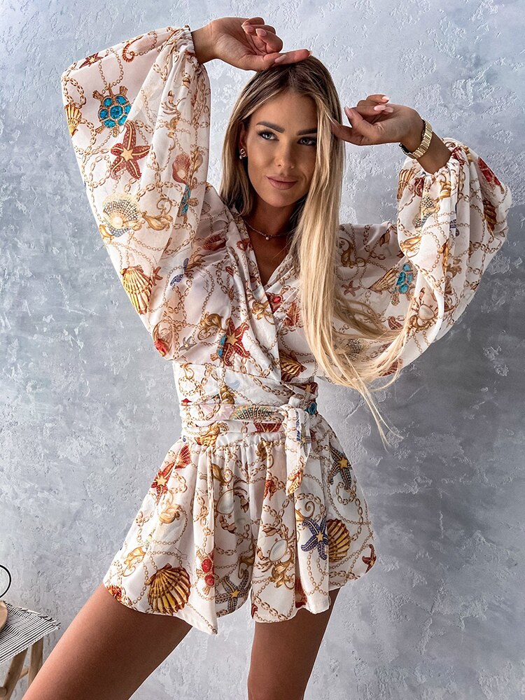 Image of Elaine | Women's Tropical Print Wrap Top Two-Piece Set