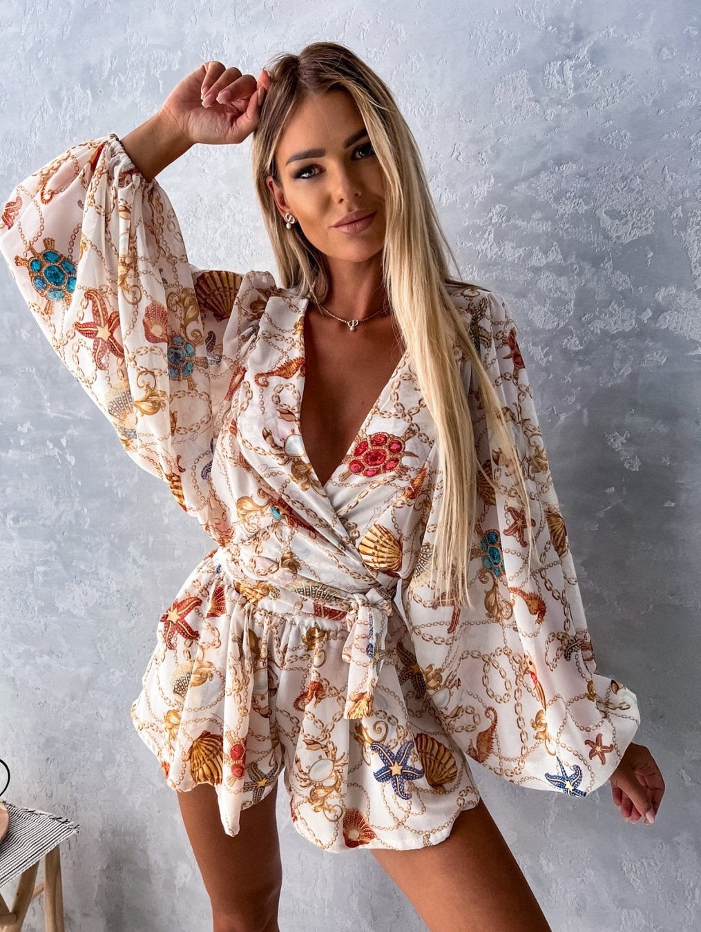 Image of Elaine | Women's Tropical Print Wrap Top Two-Piece Set