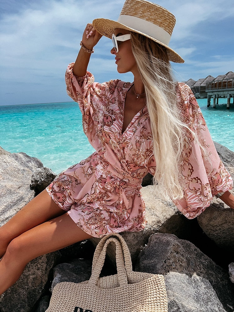 Image of Elaine | Women's Tropical Print Wrap Top Two-Piece Set