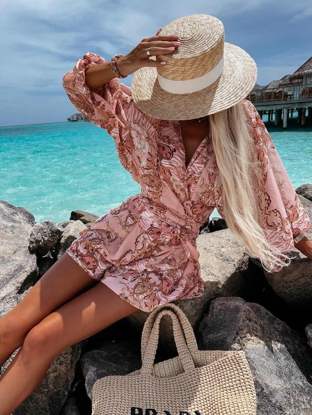 Image of Elaine | Women's Tropical Print Wrap Top Two-Piece Set
