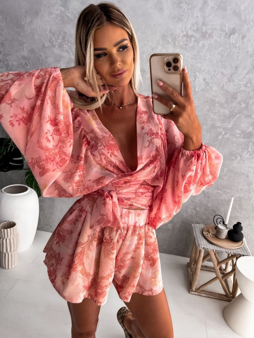 Image of Elaine | Women's Tropical Print Wrap Top Two-Piece Set