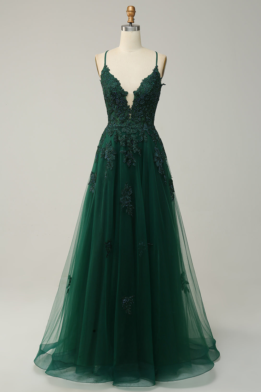Elegant A-Line Gown with Spaghetti Straps and Lace-Up Back