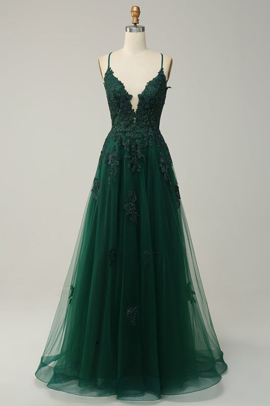 Elegant A-Line Gown with Spaghetti Straps and Lace-Up Back