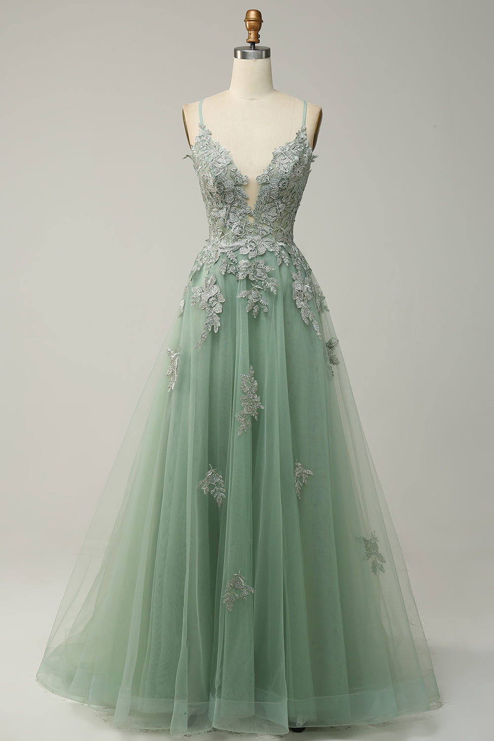 Elegant A-Line Gown with Spaghetti Straps and Lace-Up Back