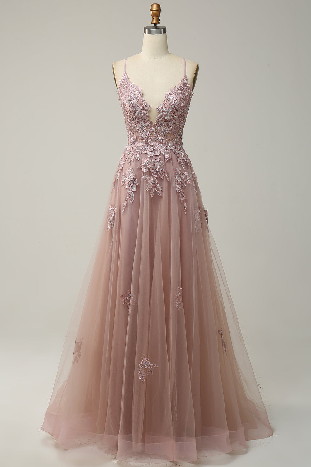 Elegant A-Line Gown with Spaghetti Straps and Lace-Up Back