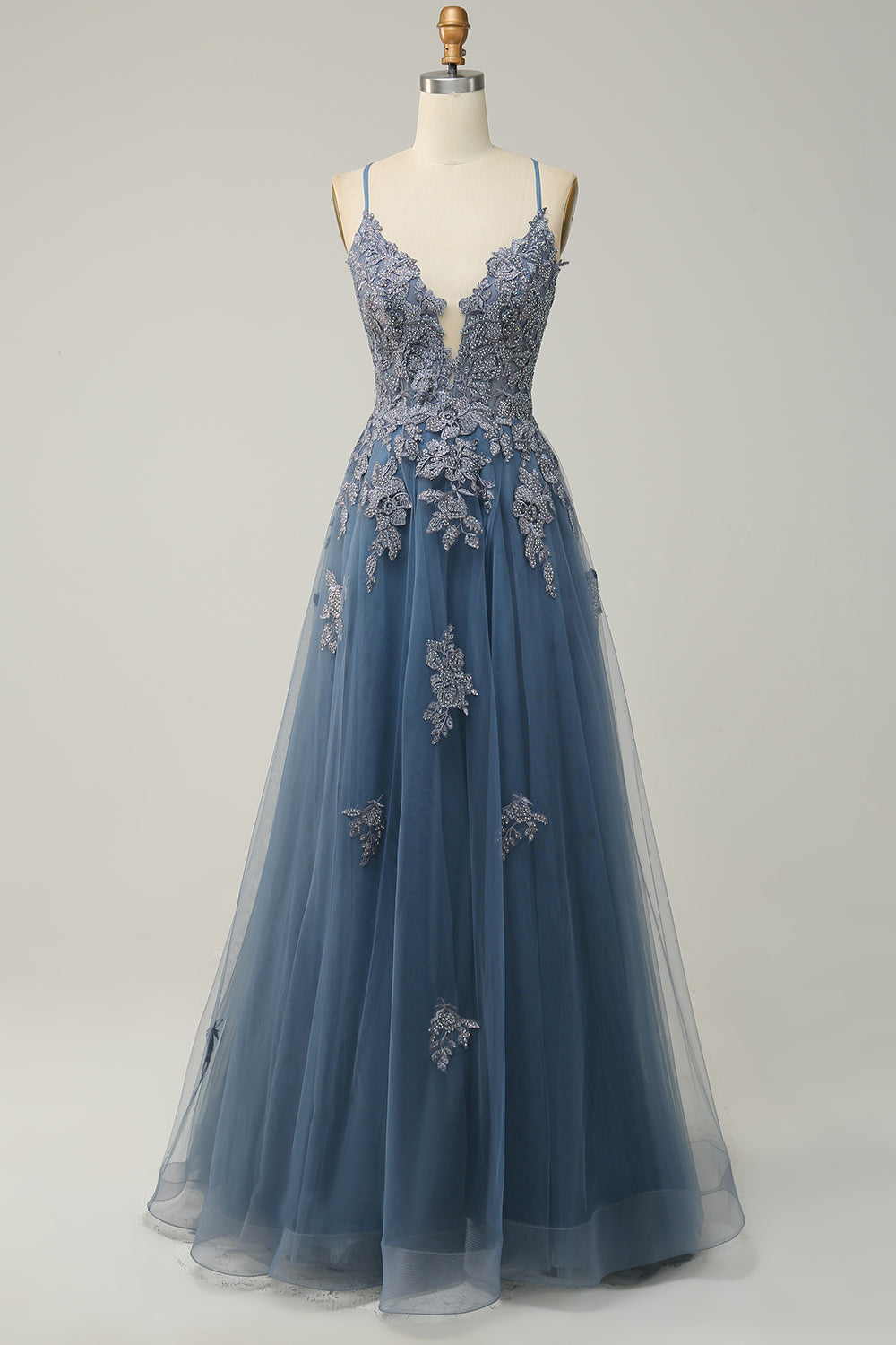 Elegant A-Line Gown with Spaghetti Straps and Lace-Up Back