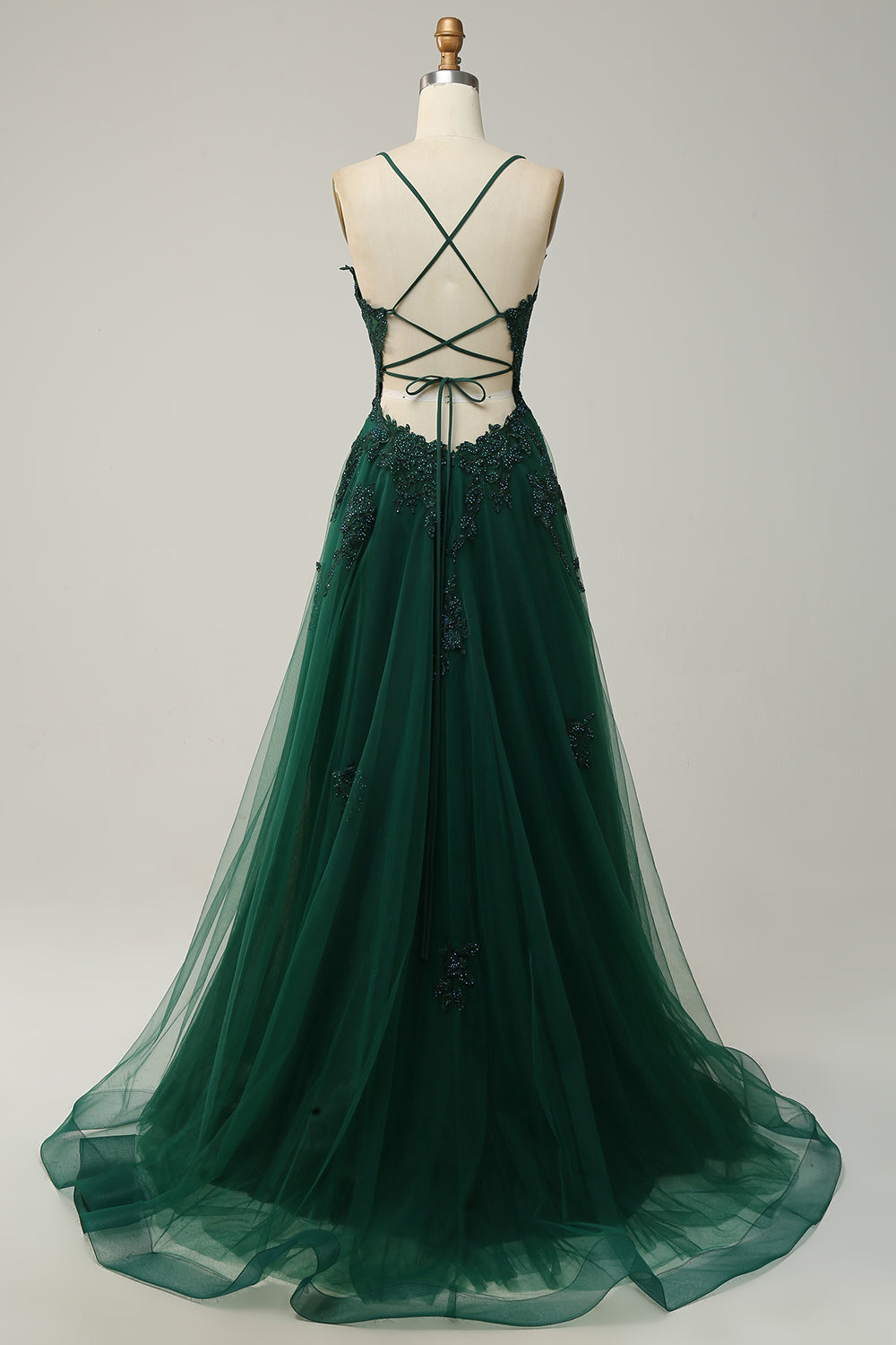 Elegant A-Line Gown with Spaghetti Straps and Lace-Up Back