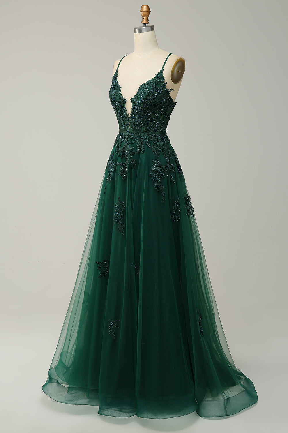 Elegant A-Line Gown with Spaghetti Straps and Lace-Up Back