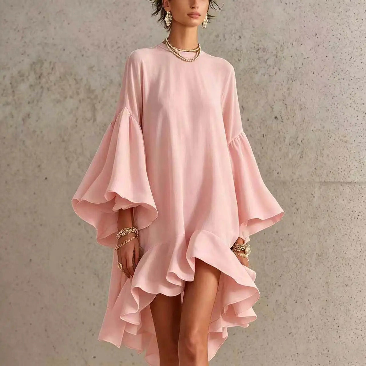 Elegant Dress with Ruffles and Asymmetrical Hem