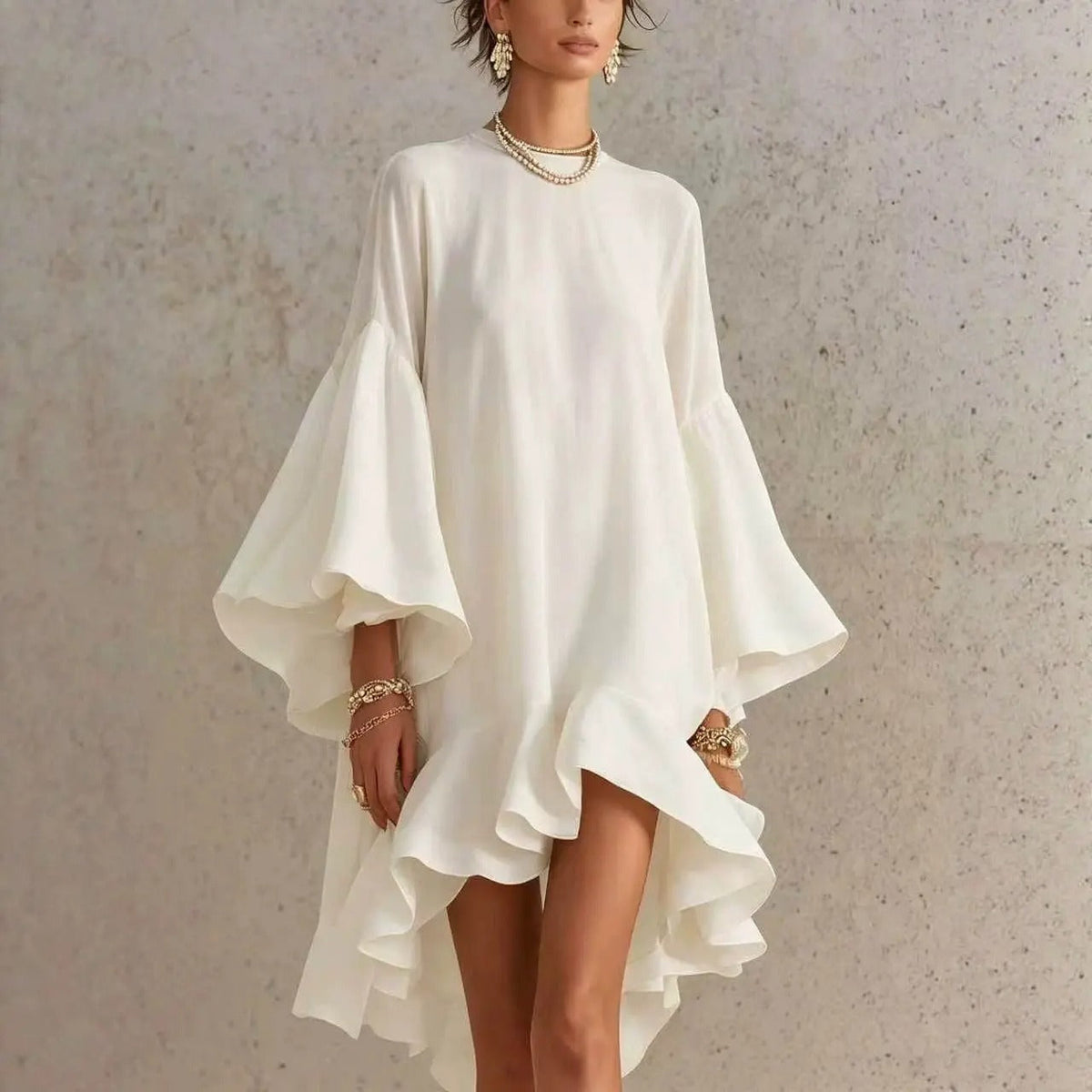 Elegant Dress with Ruffles and Asymmetrical Hem