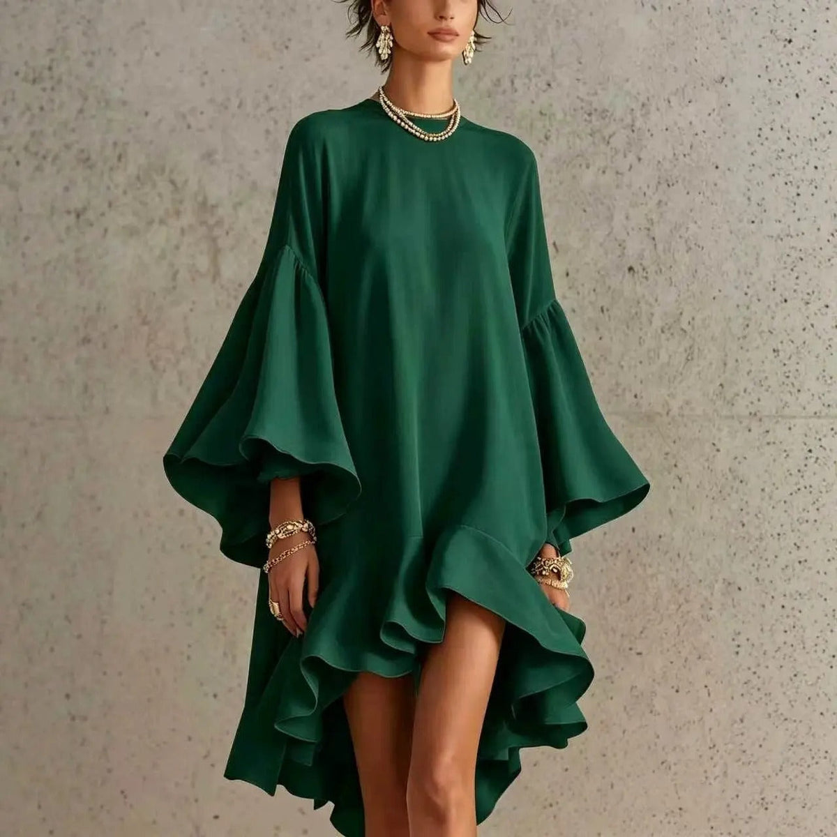 Elegant Dress with Ruffles and Asymmetrical Hem