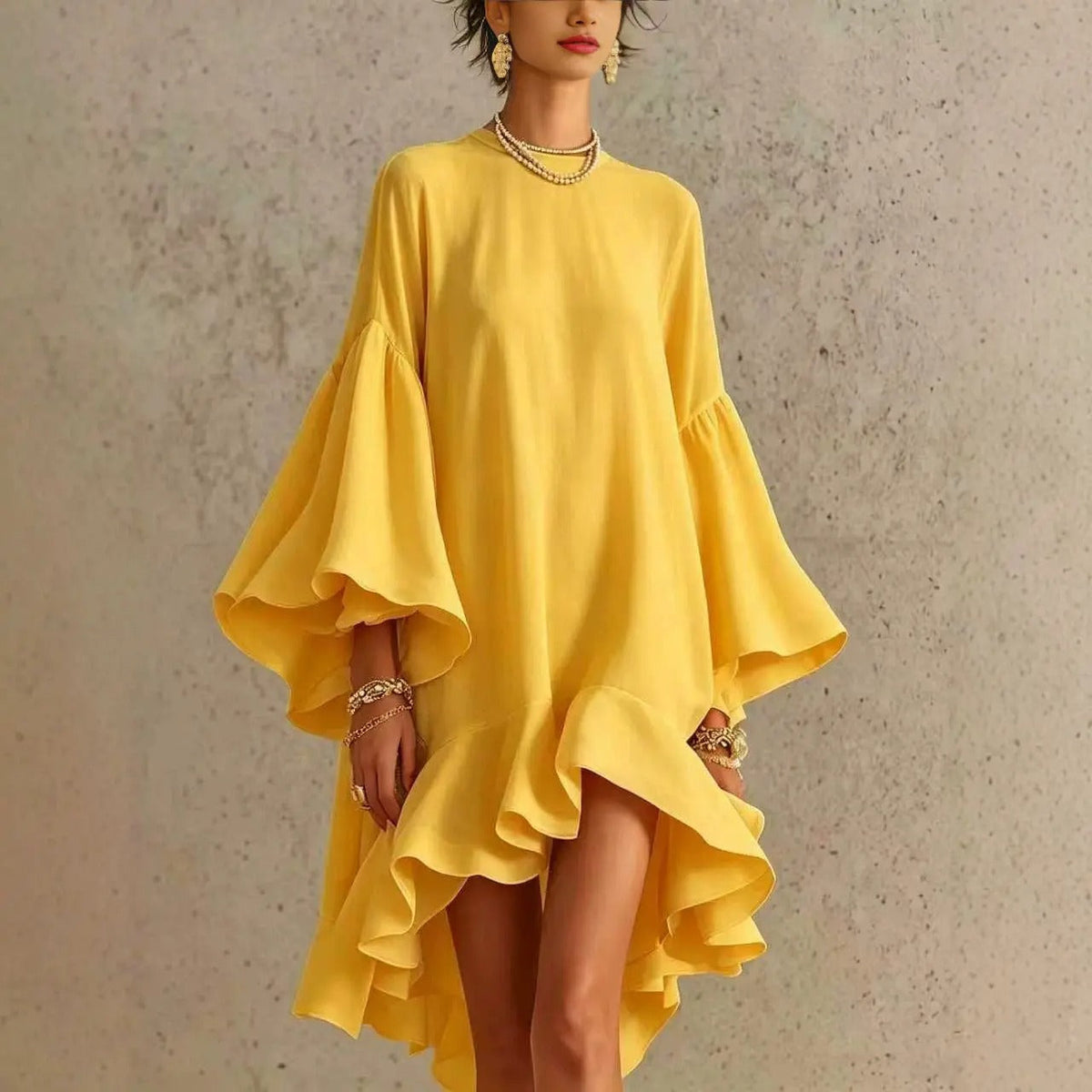 Elegant Dress with Ruffles and Asymmetrical Hem