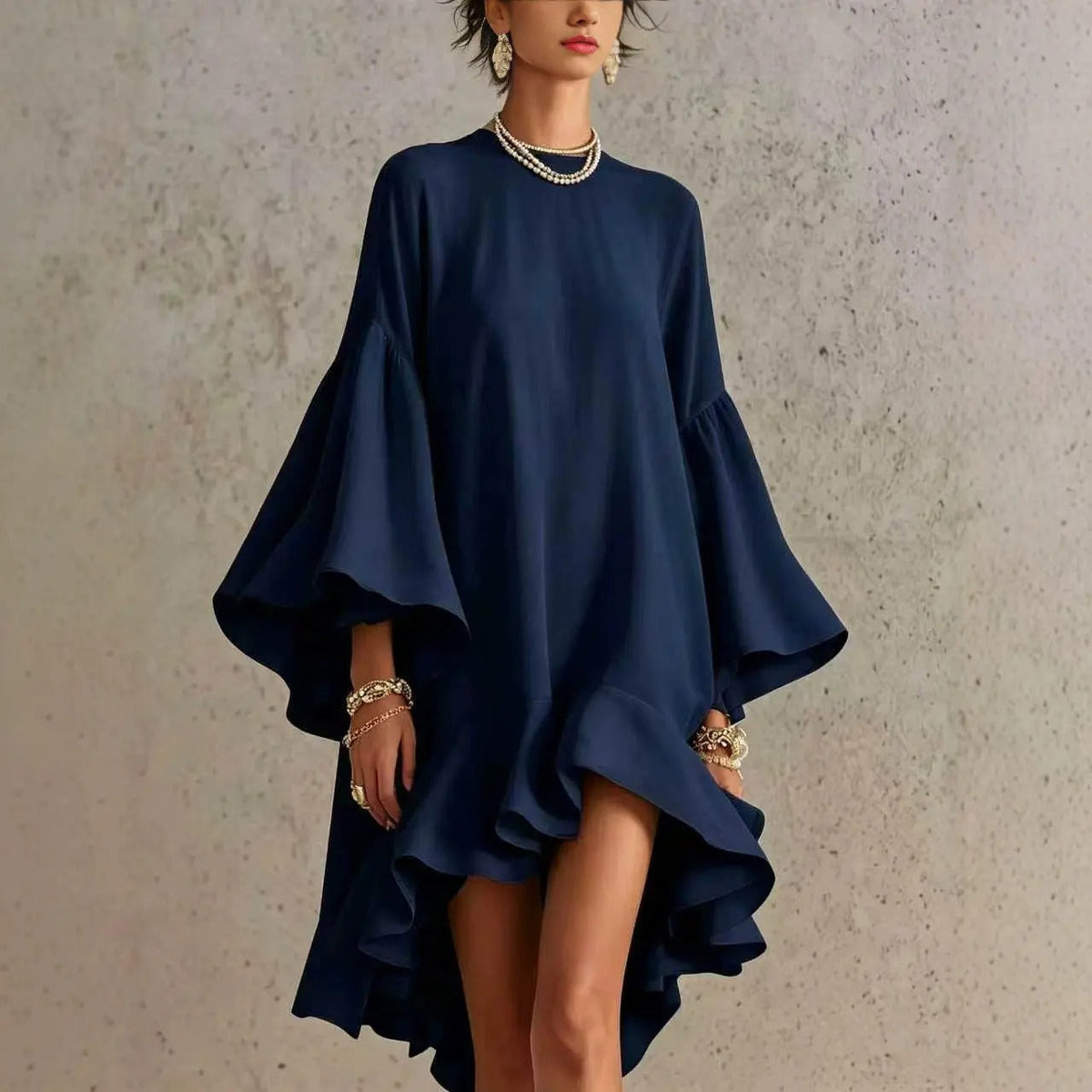 Elegant Dress with Ruffles and Asymmetrical Hem
