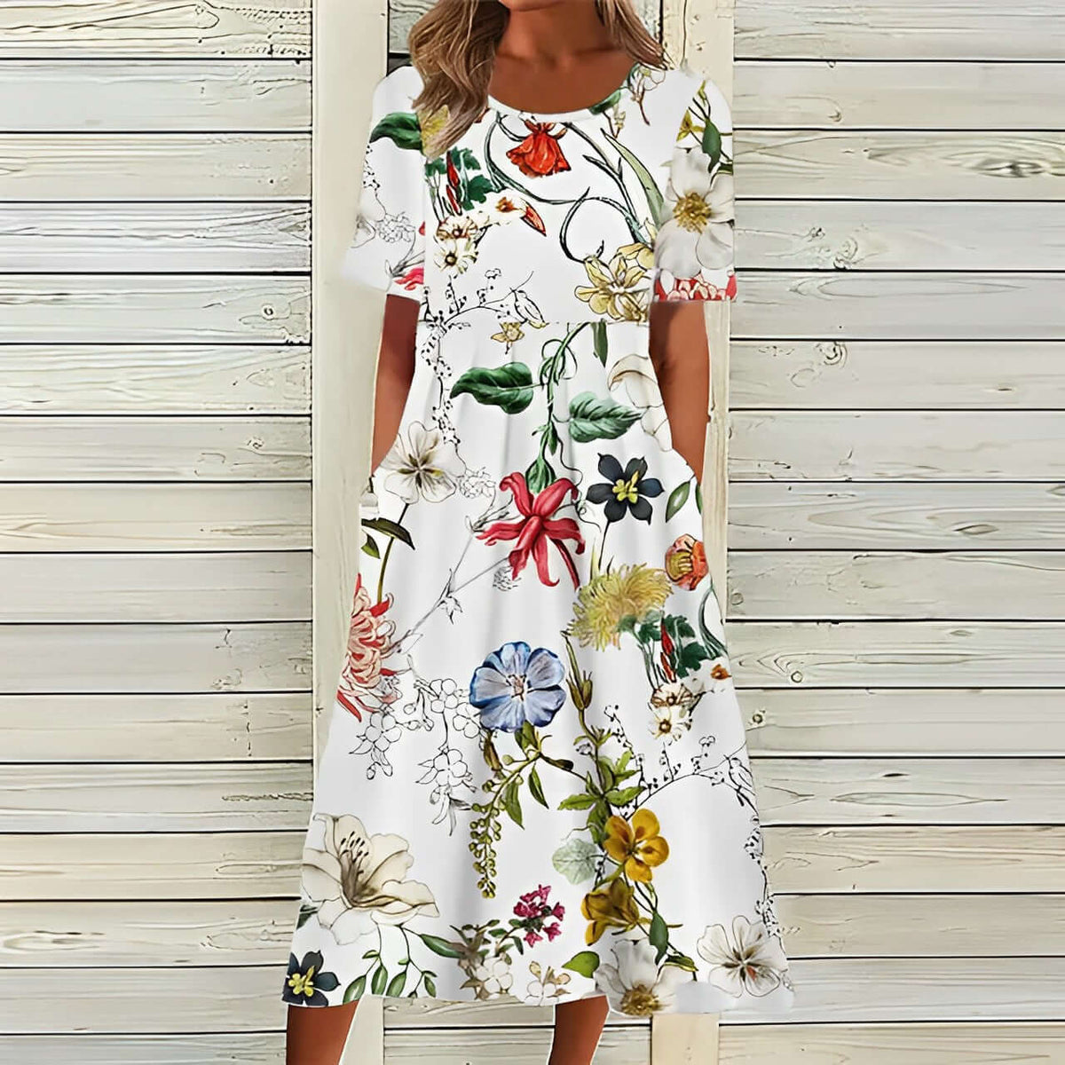 Elegant Floral Summer Midi Dress with Loose Fit