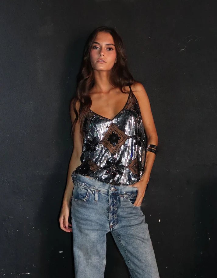 Embellished Sequin Sheer Top
