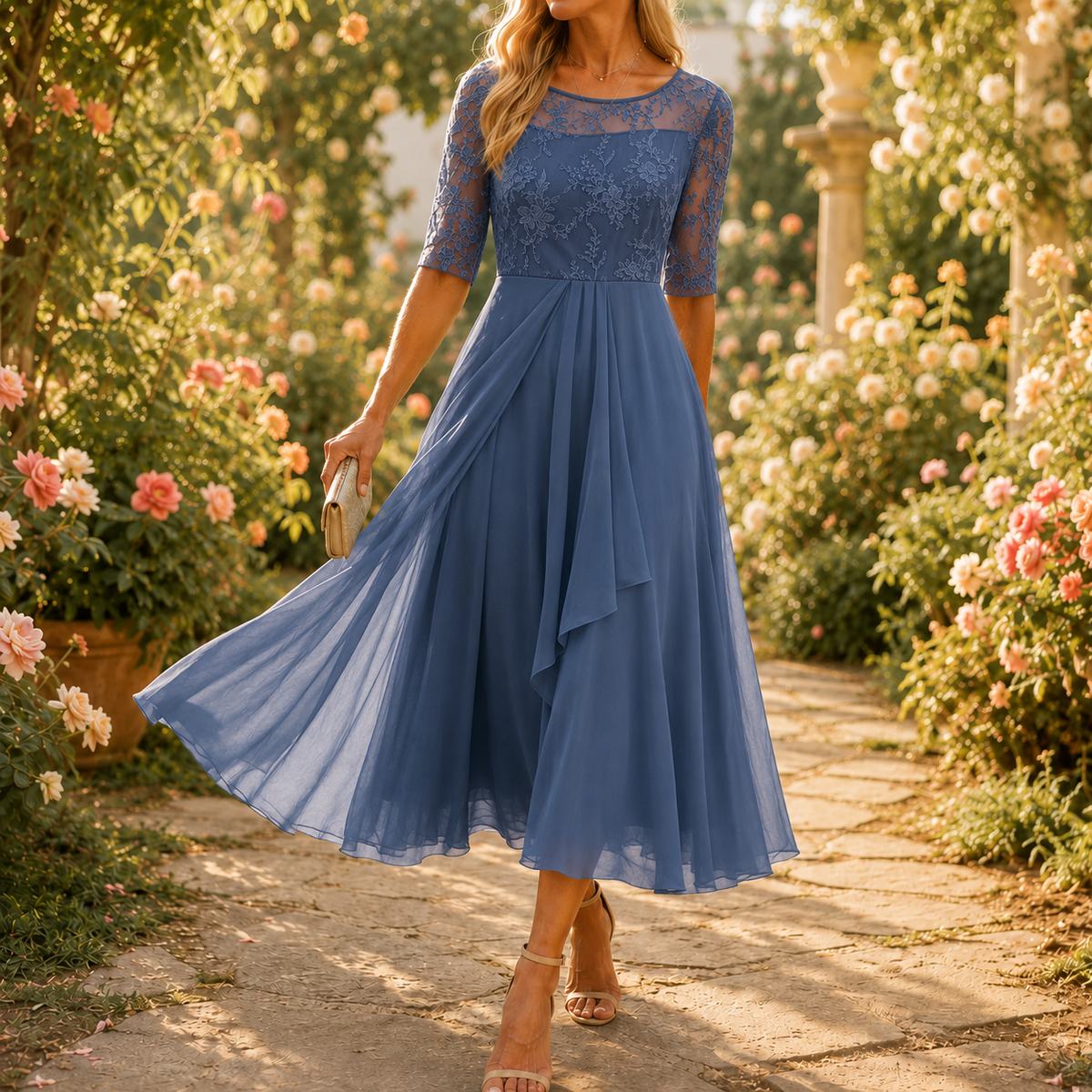 Embroidered Lace Bodice Midi Dress for Weddings