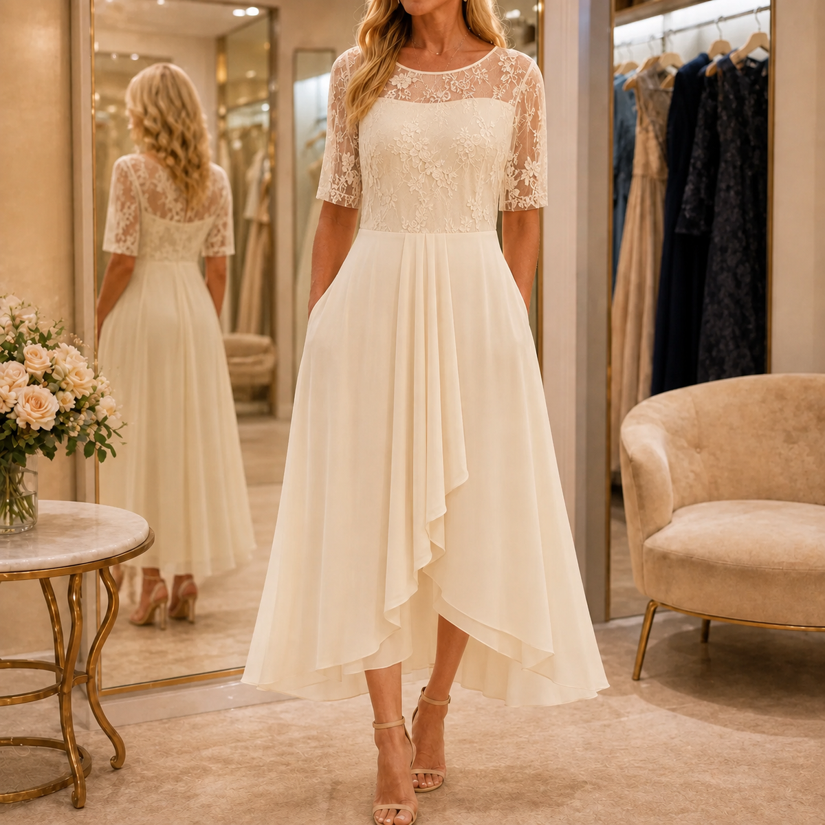 Embroidered Lace Bodice Midi Dress for Weddings