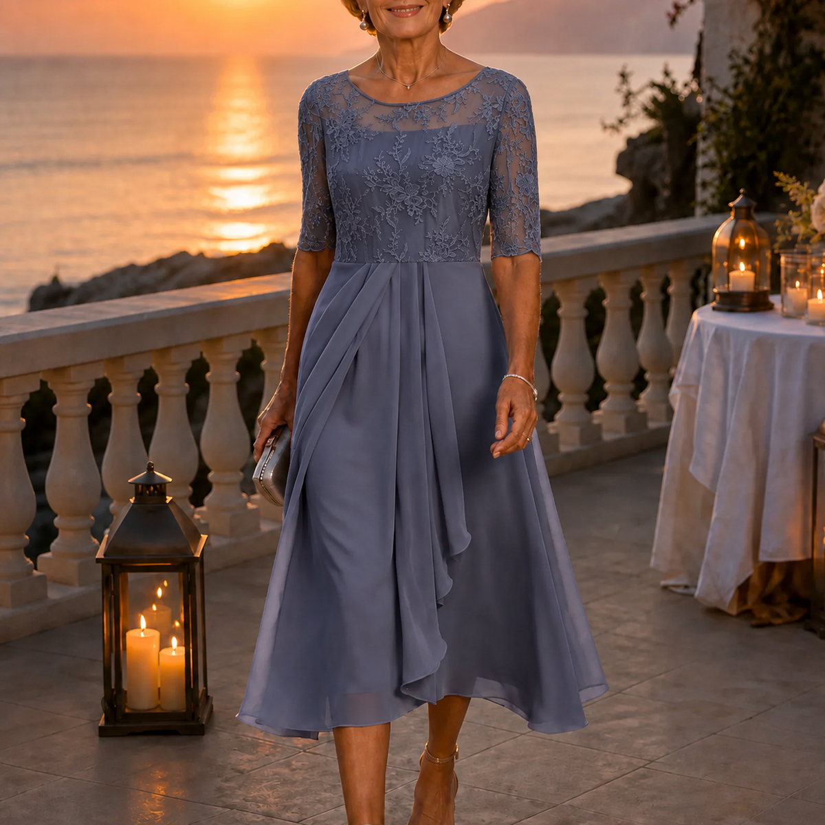 Embroidered Lace Bodice Midi Dress for Weddings