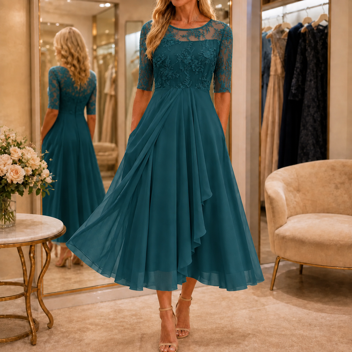 Embroidered Lace Bodice Midi Dress for Weddings
