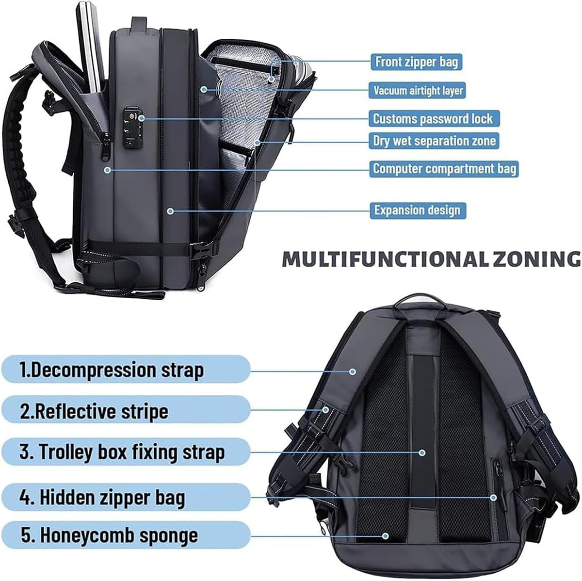 Expandable Compression Travel Backpack with Anti-Theft Lock and Wet Pocket