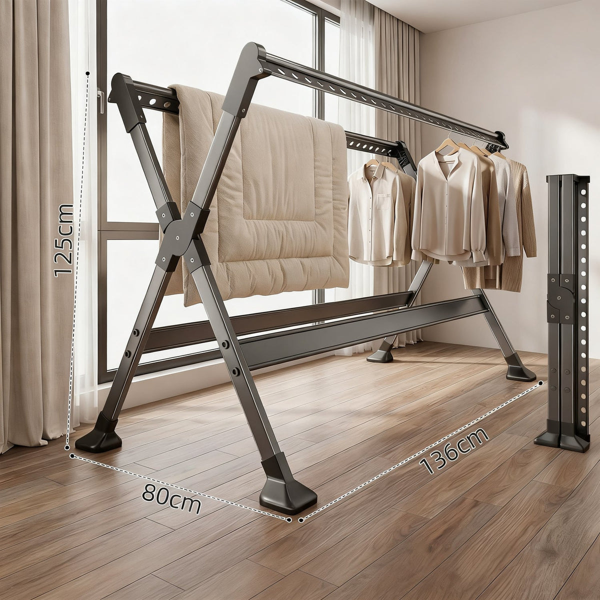 Extendable Double-Rod Clothes Drying Rack with Steel Frame