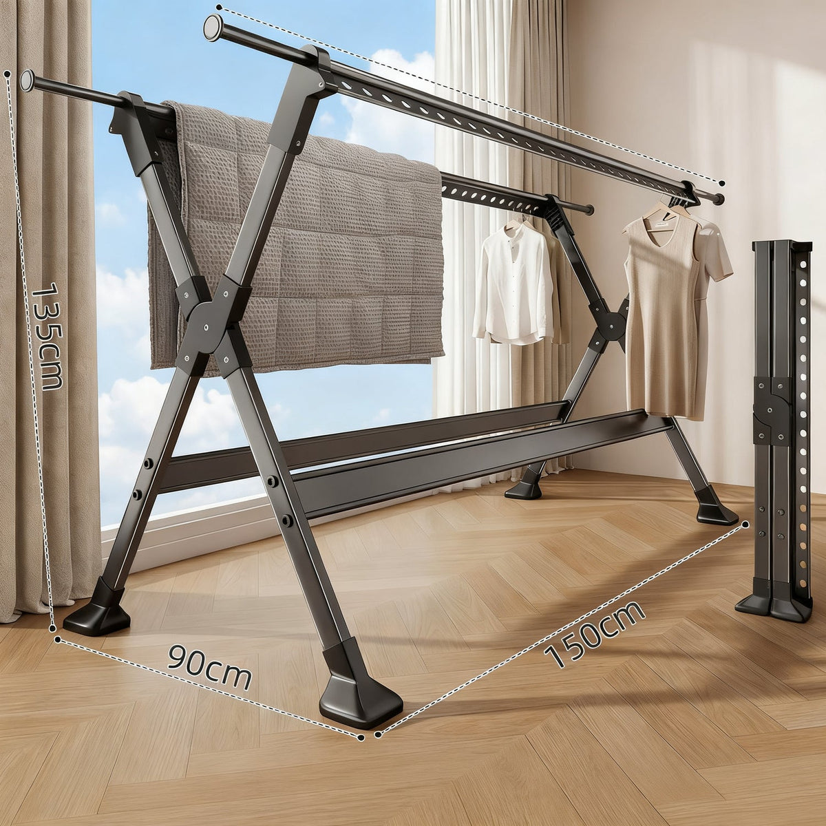 Extendable Double-Rod Clothes Drying Rack with Steel Frame