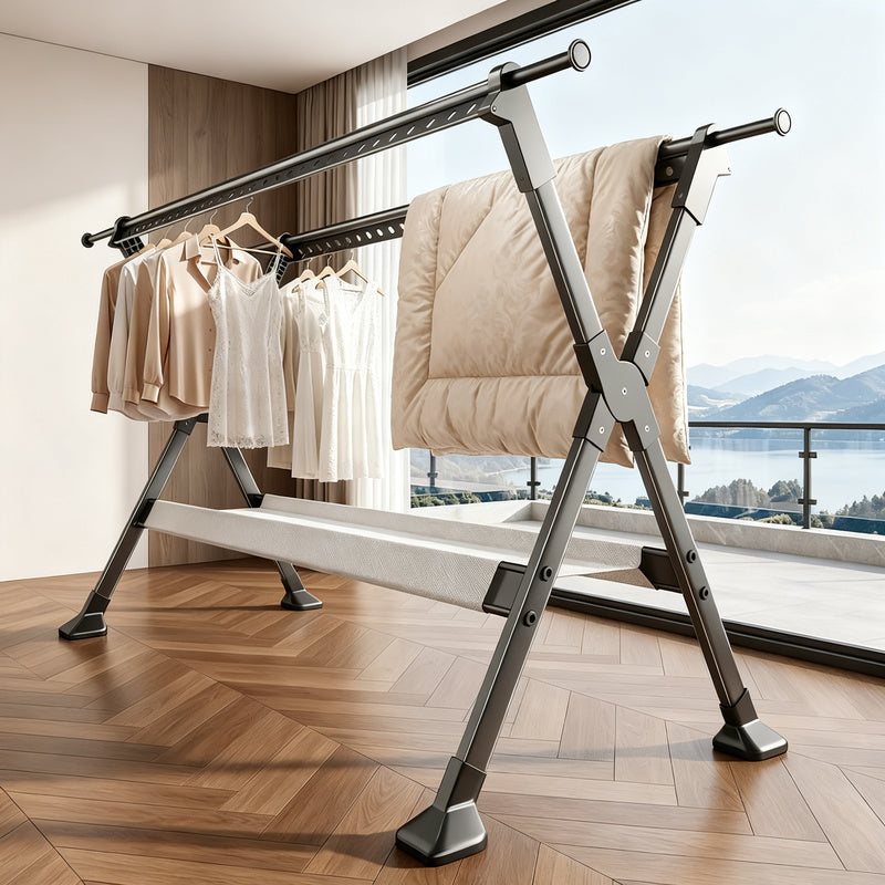 Extendable Double-Rod Clothes Drying Rack with Steel Frame