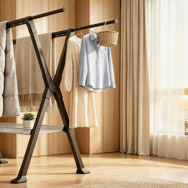 Extendable Double-Rod Clothes Drying Rack with Steel Frame