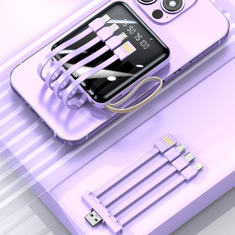 Fast-Charging 20,000mAh Mini Power Bank with Built-In Cables