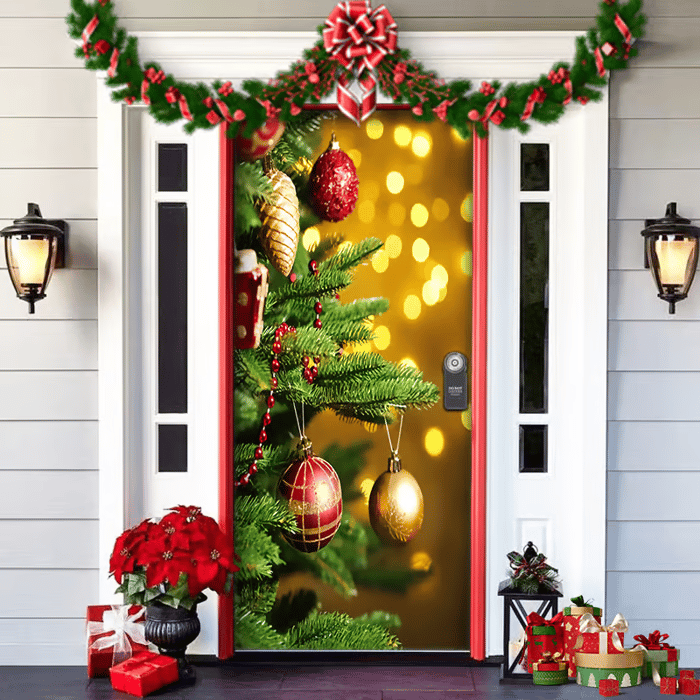 Festive Front Door Decoration — Red, Green & Gold Christmas Motif