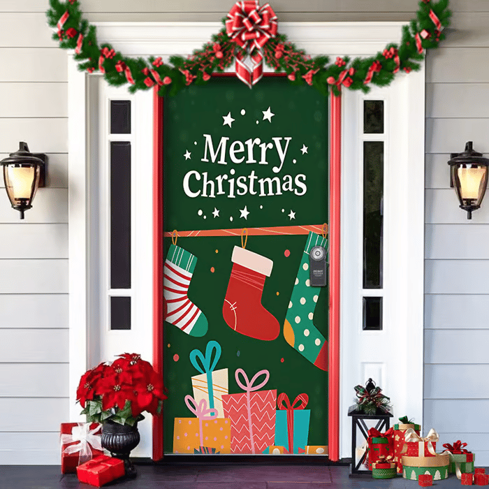 Festive Front Door Decoration — Red, Green & Gold Christmas Motif