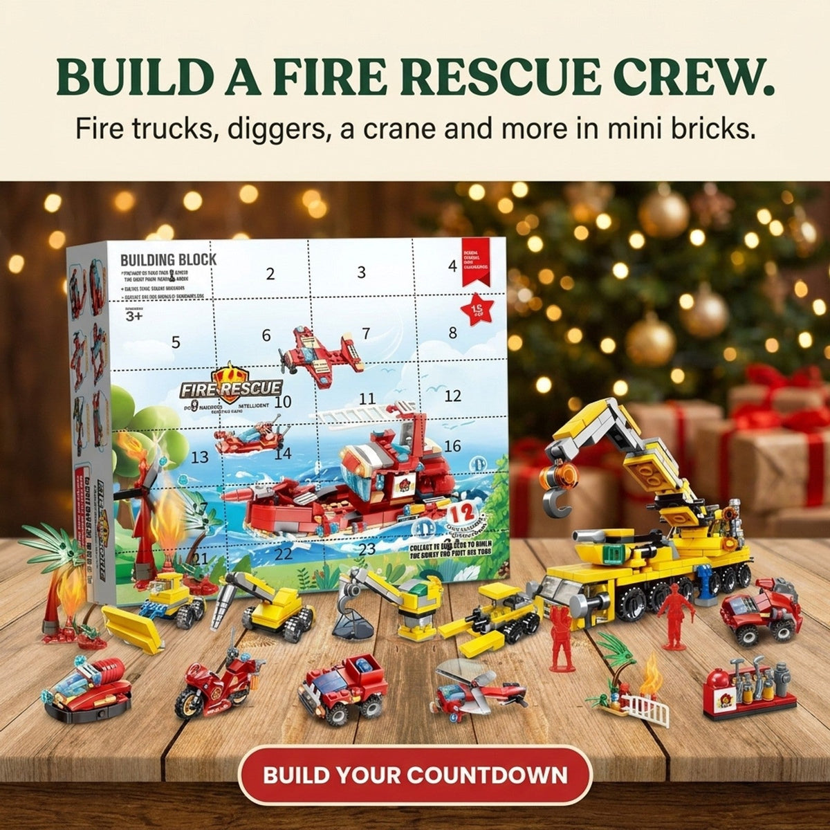 Fire Rescue and Construction Brick Advent Calendar, Mini Vehicles and Big Builds