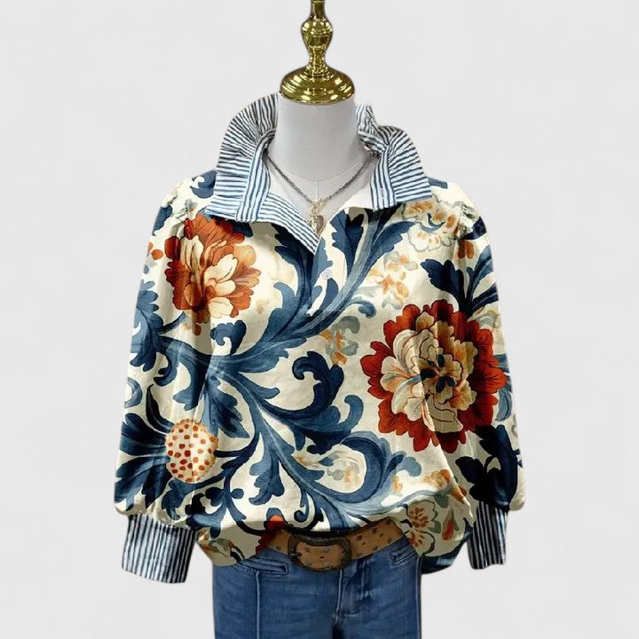 Floral Blouse with Striped Collar and Button-Up Front