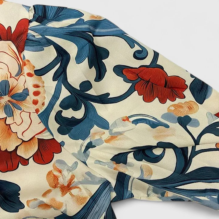 Floral Blouse with Striped Collar and Button-Up Front