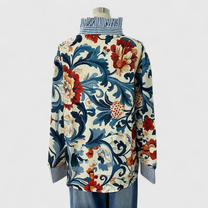 Floral Blouse with Striped Collar and Button-Up Front