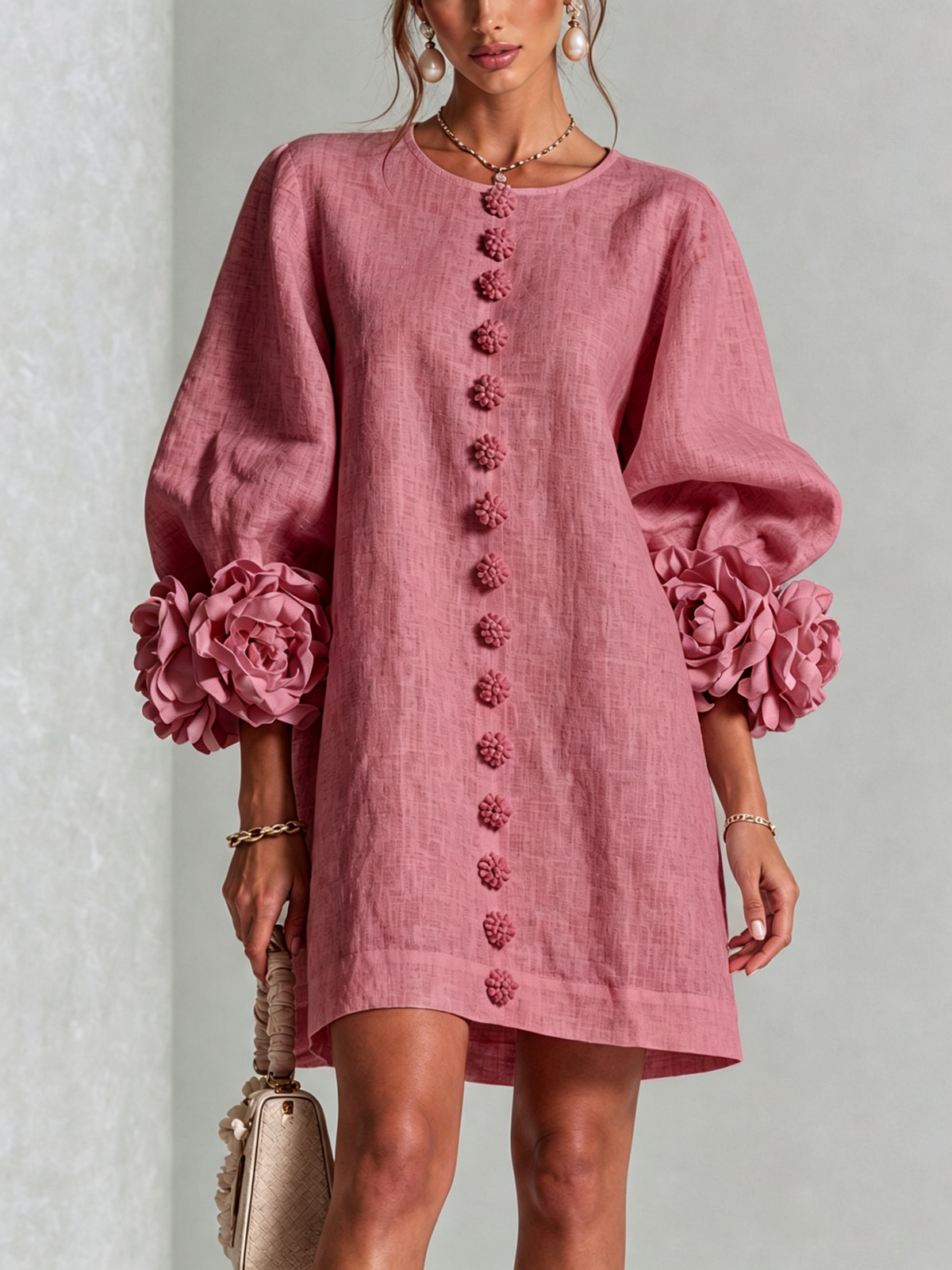Floral-Cuff Button Mini Dress