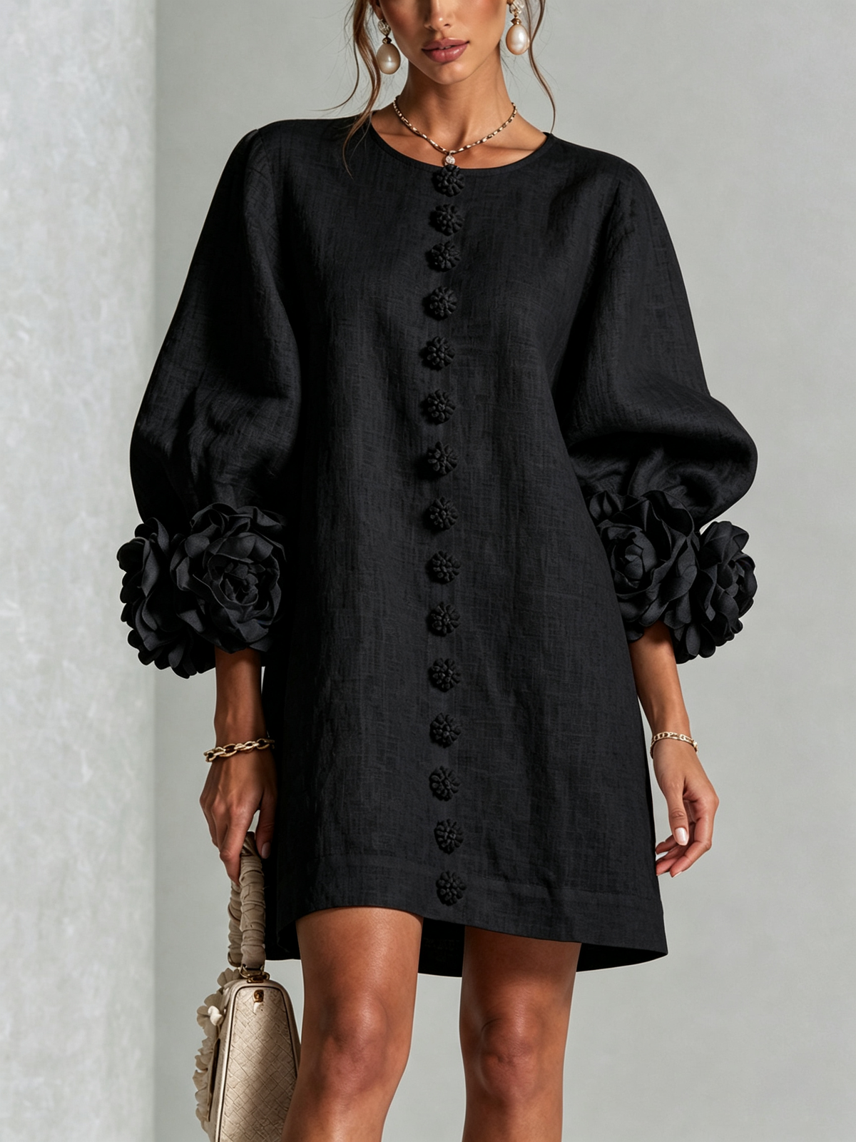 Floral-Cuff Button Mini Dress
