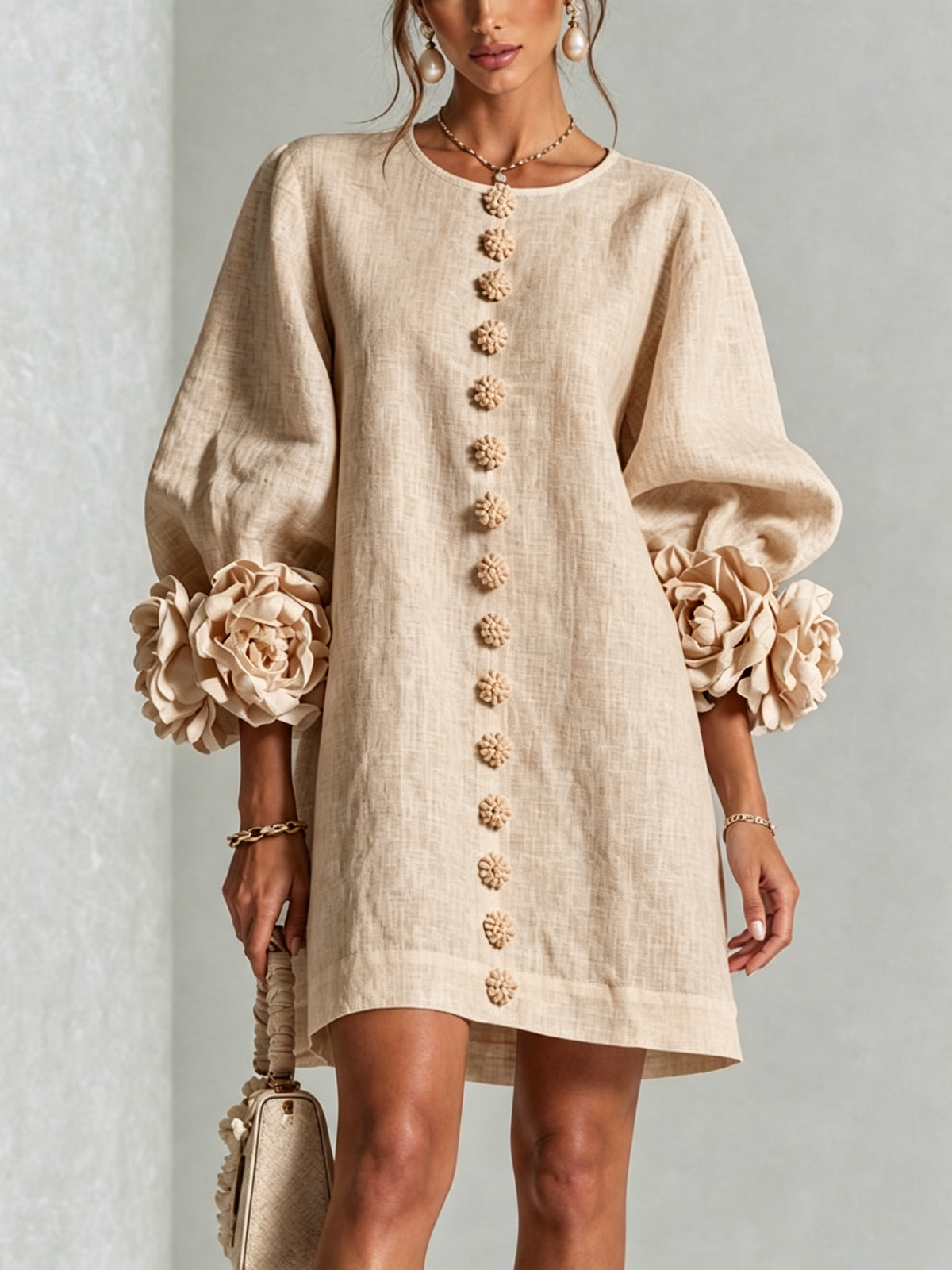 Floral-Cuff Button Mini Dress