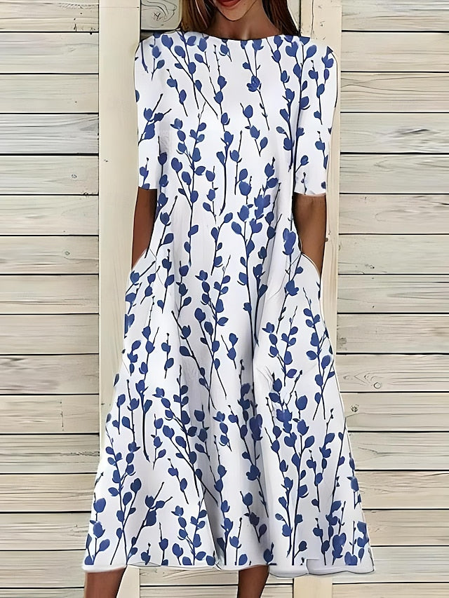 Floral Midi Dress with Round Neck and Short Sleeves