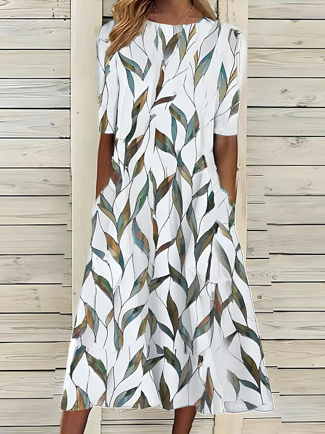 Floral Midi Dress with Round Neck and Short Sleeves