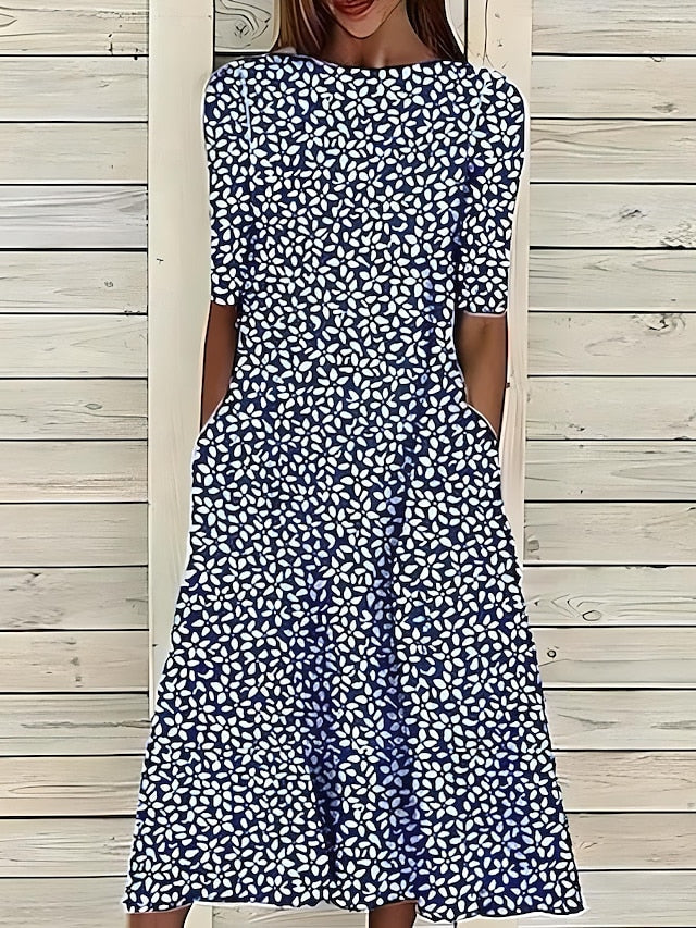 Floral Midi Dress with Round Neck and Short Sleeves