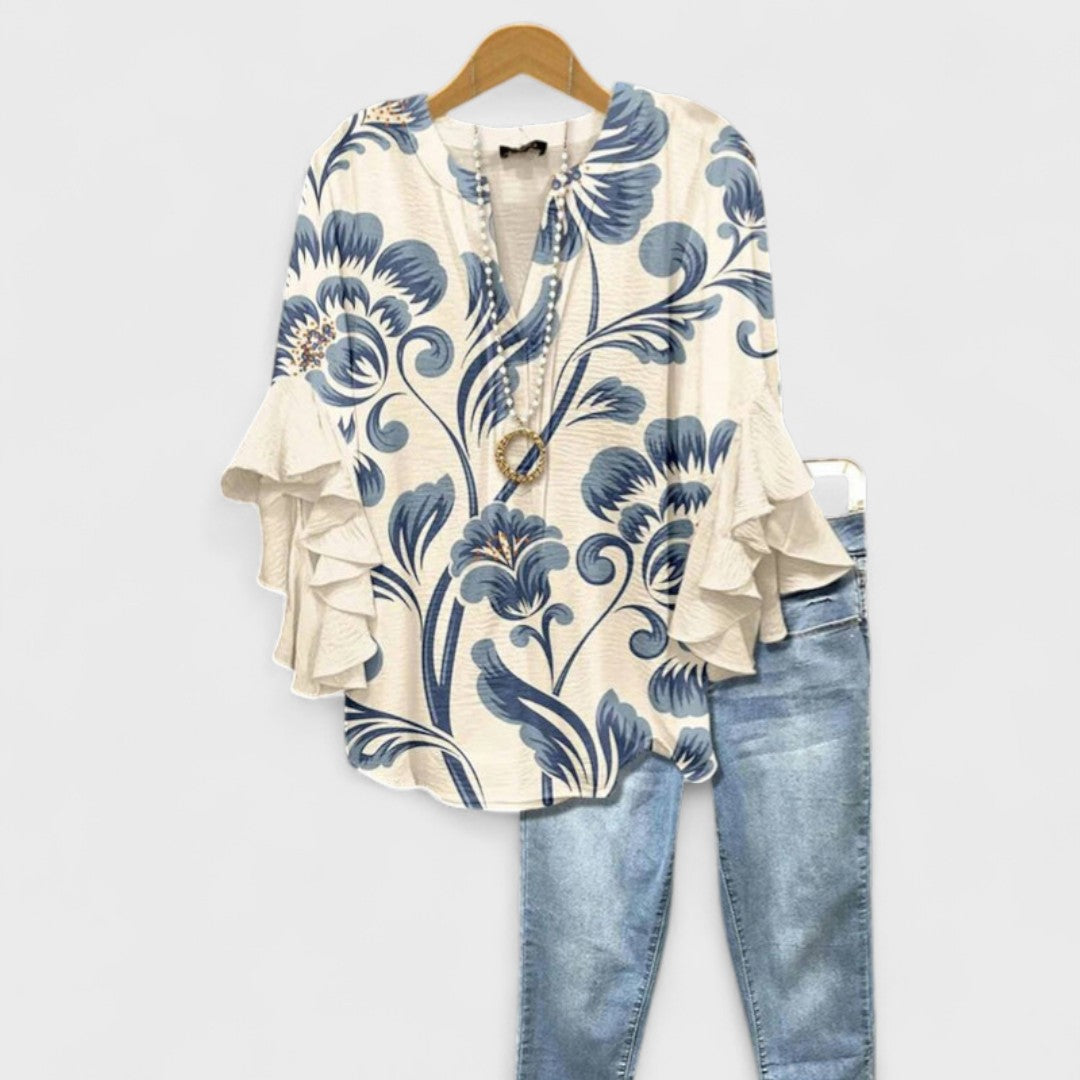 Floral Print Blouse with Tiered Sleeves