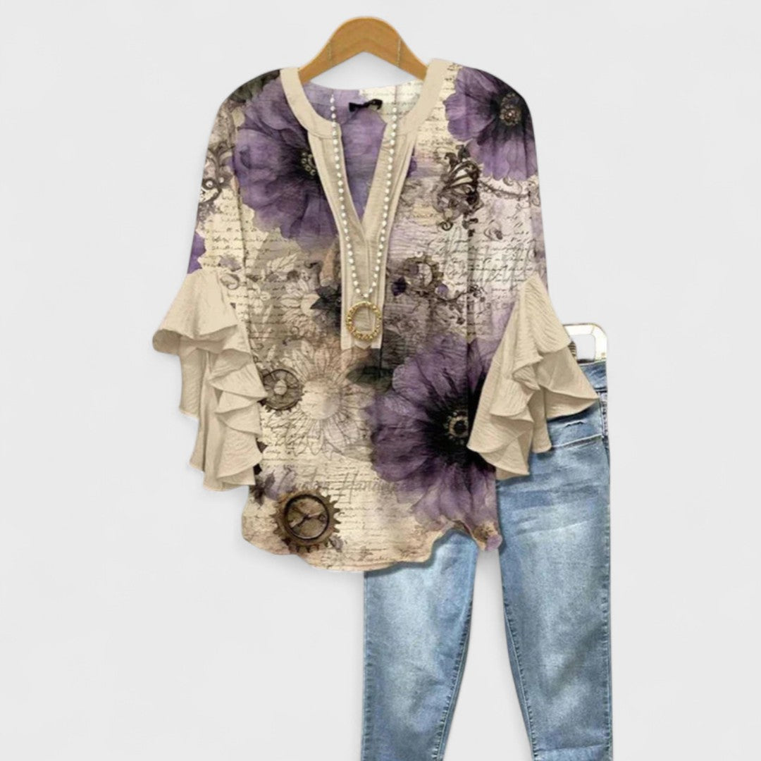 Floral Print Blouse with Tiered Sleeves