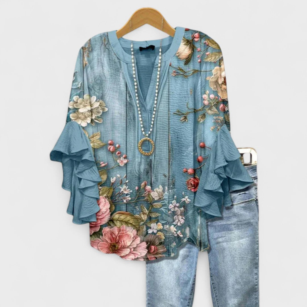 Floral Print Blouse with Tiered Sleeves