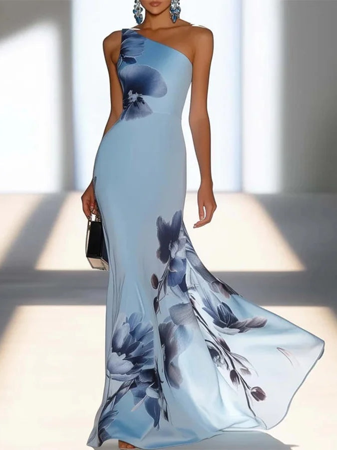 Floral Print One-Shoulder Wedding Guest Maxi Dress
